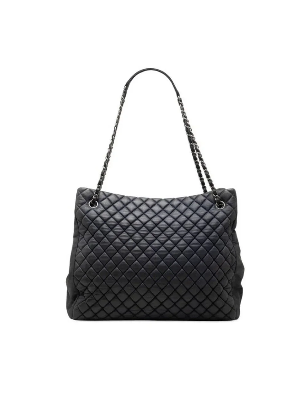 Chanel Quilted Chain Tote Shoulder Bag Navy Silver Leather